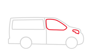 Une camionnette avec la partie cabine du conducteur en rouge