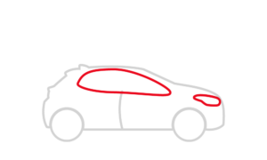 Un croquis de profil d'une petite voiture avec les vitres marquées en rouge